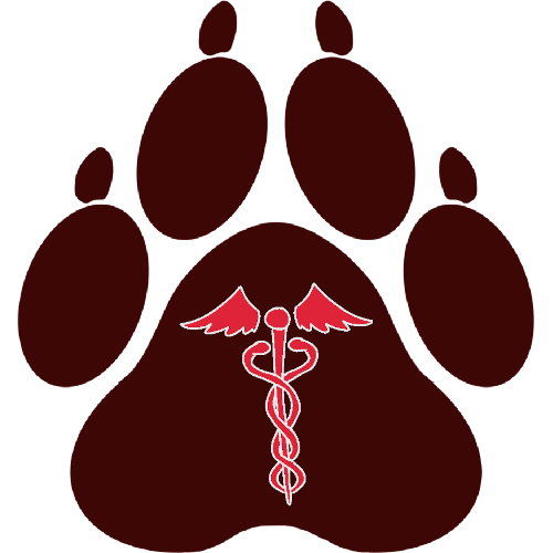 a black paw print with a red caduceus on the paw pad.